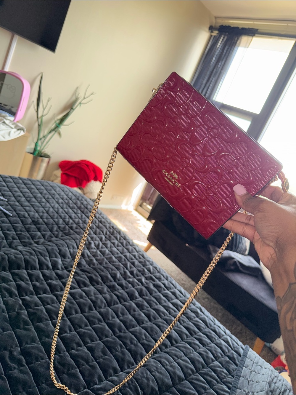 Coach Pebbled Logo Crossbody Bag in Burgundy with Gold Chain